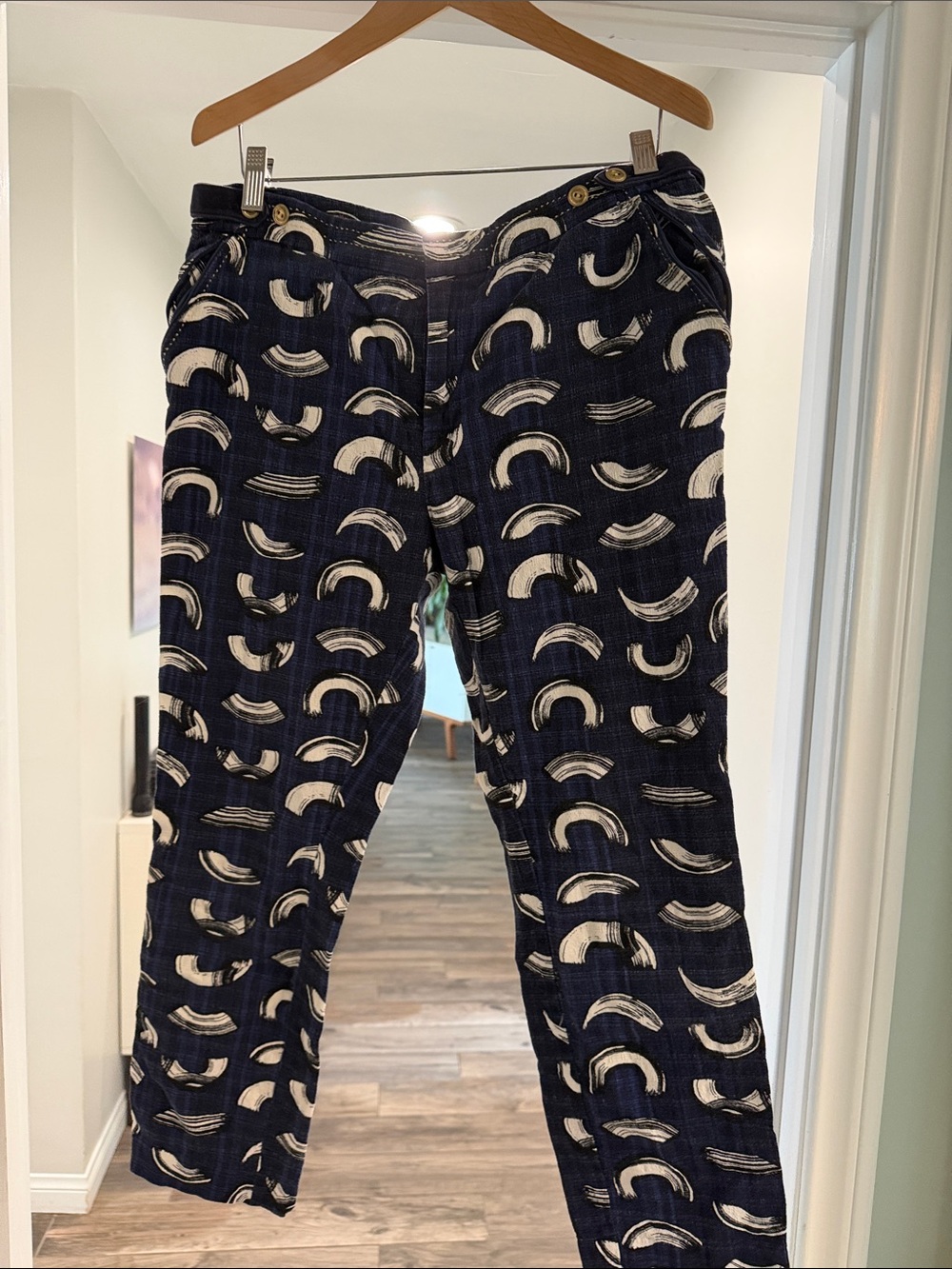 Cartonnier Trouser Navy Blue Printed linen Pants with Cream Crescent Pattern